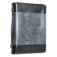 Bible Cover Large Classic, Be Strong & Courageous, Grey/Black Luxleather (Joshua 1: 9)