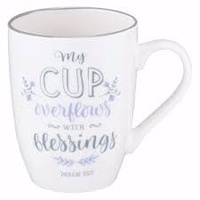 Ceramic Mug: My Cup Overflows With Blessings, White/Grey-Blue (Psalm 23:5)