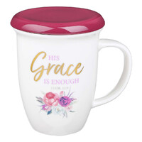 His Grace is Enough Lidded Ceramic Mug in Pink Plum - 2 Corinthians 12:9