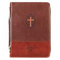 John 3:16 Two-Tone Brown Faux Leather Bible Cover With Cross (Medium)
