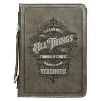 Bible Cover Large Lux Leather: I Can Do All Things, Gray (Philippians 4:13)
