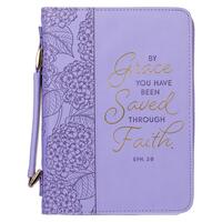 Bible Cover Large Lux Leather: By Grace You Have Been Saved, Purple (Ephesians 2:8)