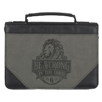 Be Strong in the Lord Black and Gray Lion Faux Leather Classic Bible Cover (Extra Large) - Ephesians 6:10