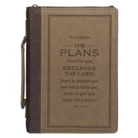 The Plans Cocoa Brown and Taupe Faux Leather Classic Bible Cover - Jeremiah 29:11 (Large)