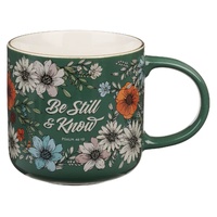 Be Still Teal Botanical Ceramic Coffee Mug - Psalm 46:10
