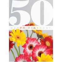 Age 50 Card - Colourful Gerberas
