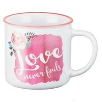 Ceramic Watercolor Mug: Love Never Fails, Red With Flower (White/red)