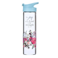 Water Bottle Clear Glass: The Joy of the Lord is My Strength, Floral, Rejoice Collection