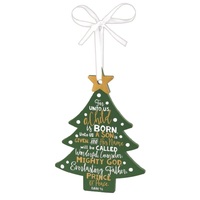 Christmas MDF Tree Ornament: Jesus, Green With White Ribbon (Isaiah 9:6)