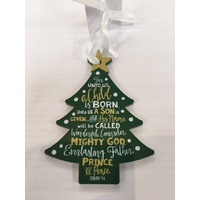 Christmas Mdf Tree Ornament: Jesus, Green With White Ribbon (Isaiah 9:6)