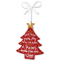 Christmas Mdf Tree Ornament: Christmas, Red With White Ribbon (Luke 2:10-11)
