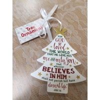 Christmas Mdf Tree Ornament: Believe, White With White Ribbon (John 3:16)