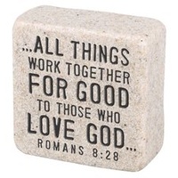 Cast Stone Plaque: Believe Scripture Stone, Cream (Romans 8:28)