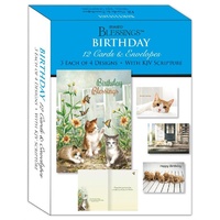 Boxed Cards: Happy Birthday Puppies & Cats (12 cards, 3 each of 4 designs)