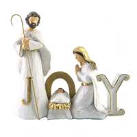 Resin Wood Look Holy Family Decor: Joy, White With Gold