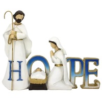 Resin Wood Look Holy Family Decor: Hope, White With Blue and Gold