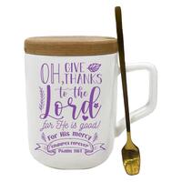Ceramic Mug with Wooden Cover/Coaster and Spoon: Give Thanks (Psalm 118:1)