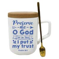 Ceramic Mug with Wooden Cover/Coaster and Spoon: Preserve Me O God (Psalm 16:1)