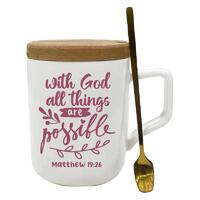 Ceramic Mug with Wooden Cover/Coaster and Spoon: With God All Things Are Possible (Matthew 19:26)