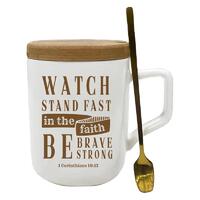 Ceramic Mug with Wooden Cover/Coaster and Spoon: Watch Stand Fast (1 Corinthians 16:13)