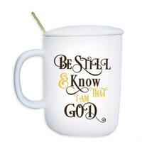 Ceramic Mug with Cover and Spoon: White Be Still and Know that I Am God