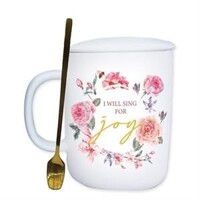 Ceramic Mug With Cover and Spoon: White I Will Sing For Joy