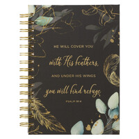 Find Refuge Black and Gold Feather Large Wirebound Journal - Psalm 91:4