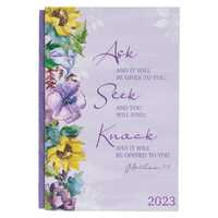 2023 12-Month Daily Diary/Planner: Ask Seek Knock Linen Spine, Lavender Floral (Matt. 7:7)