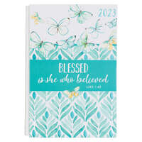 2023 12-Month Daily Diary/Planner: Blessed is She Who Believed Linen Spine, Blue Butterflies (Luke 1:45)